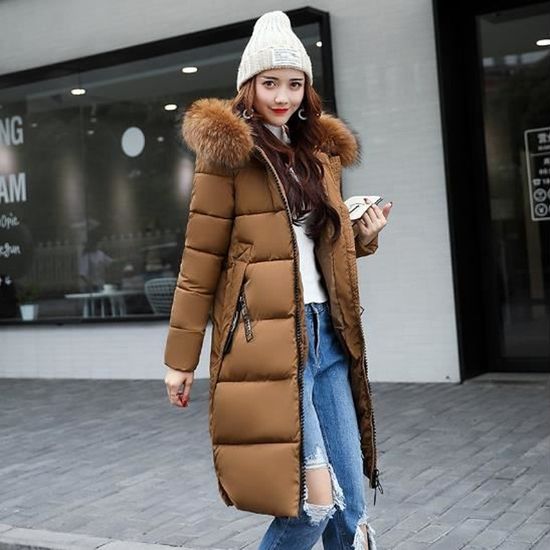 Manteau Femme Hiver Marque Inconnue Doudoune Longue avec Fourrure et Capuche Noir Marron
