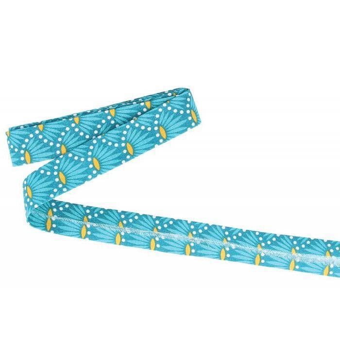 Coupon de biais Crafty cotton - Fleurs sur fond bleu pétrole - 20 mm x 3 m
