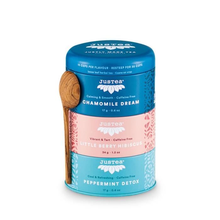 Justea | Trio de tisane bio camomille, hibiscus, citronnelle menthe + cuillère à thé kenyane sculptée à la main offerte