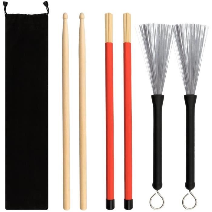 6 baguettes pour batterie 5 A Drum Sticks en bois d'érable et en bambou cran Brosse pour batterie en fil d'acier métalliques adapté