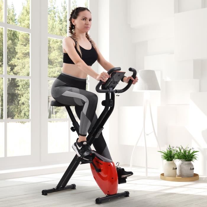 Vélo d'appartement pliable avec ordinateur d'entraînement & pulsomètre, 8 niveaux de resistance - Rouge