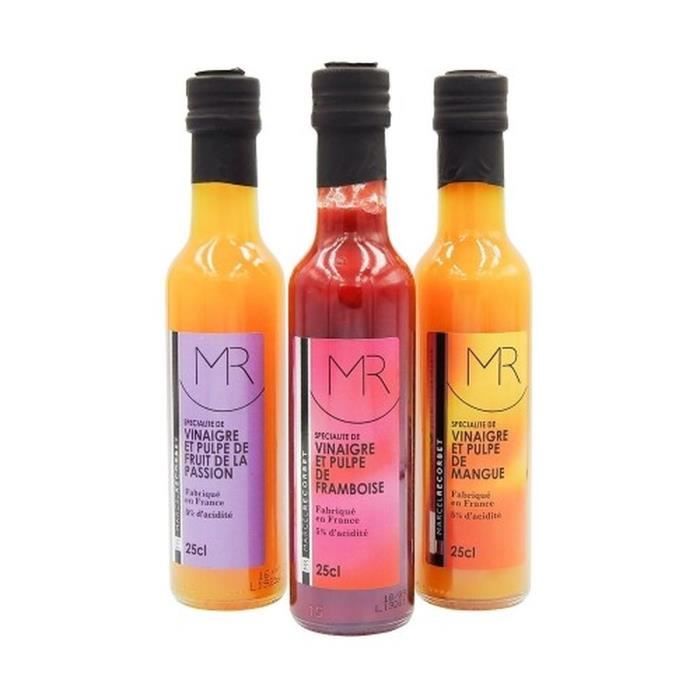 Assortiment de vinaigres : fruit de la passion, mangue et framboise
