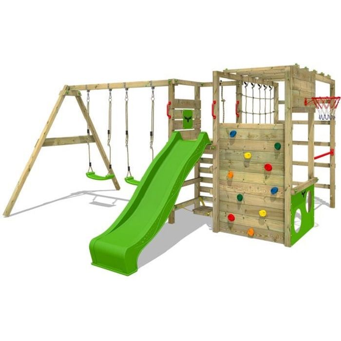 FATMOOSE Aire de jeux Portique bois ActionArena avec balançoire et toboggan vert pomme Échafaudage grimpant avec mur d'escalade