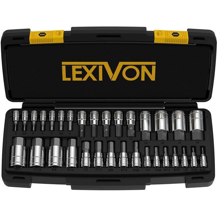 Set de Douilles mâles à 6 pans en Acier S2 Premium - Set Complet de 32 pièces métriques et SAE - Coffret de Rangement Inclus 79