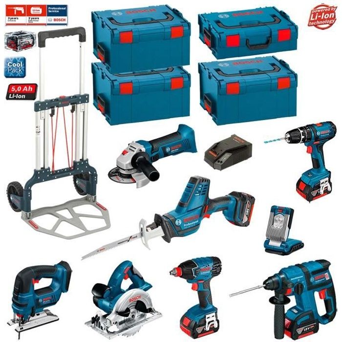 Kit Bosch PSL8P4A: GST 18 V-LI + GKS 18 V-LI + GDX 18 V-LI + GBH 18 V-EC + GSA 18 V-LI C + GLI VariLED + GSB 18-2-LI + GWS 18 V-LI