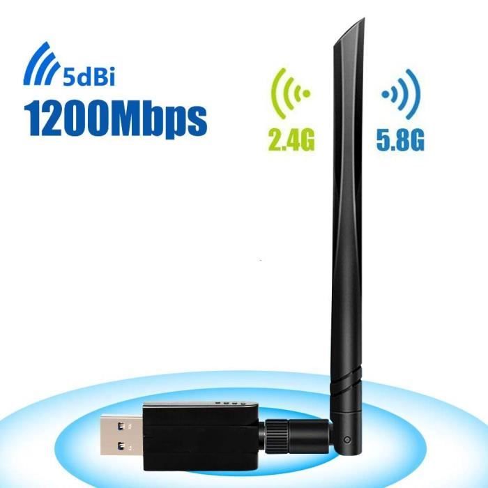 Adaptateur USB Wifi,1200Mbps Clé Wifi Dongle Sans Fil 11AC Dual Band USB 3.0 Carte Wifi Usb avec Antenne Détachable Clef Wifi
