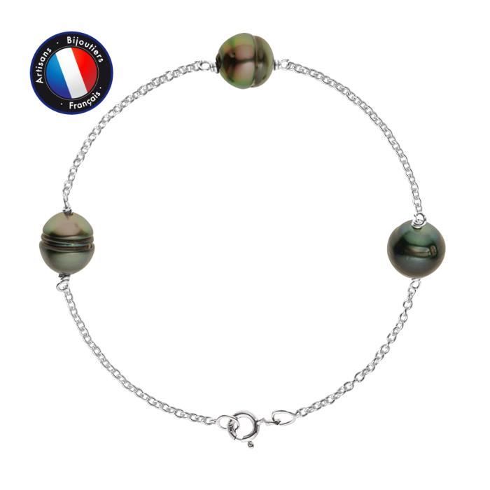 PERLINEA - Bracelet 3 Véritables Perles de Culture de Tahiti Cerclées 9-10 mm - Argent 925 Millièmes - Bijoux Femme