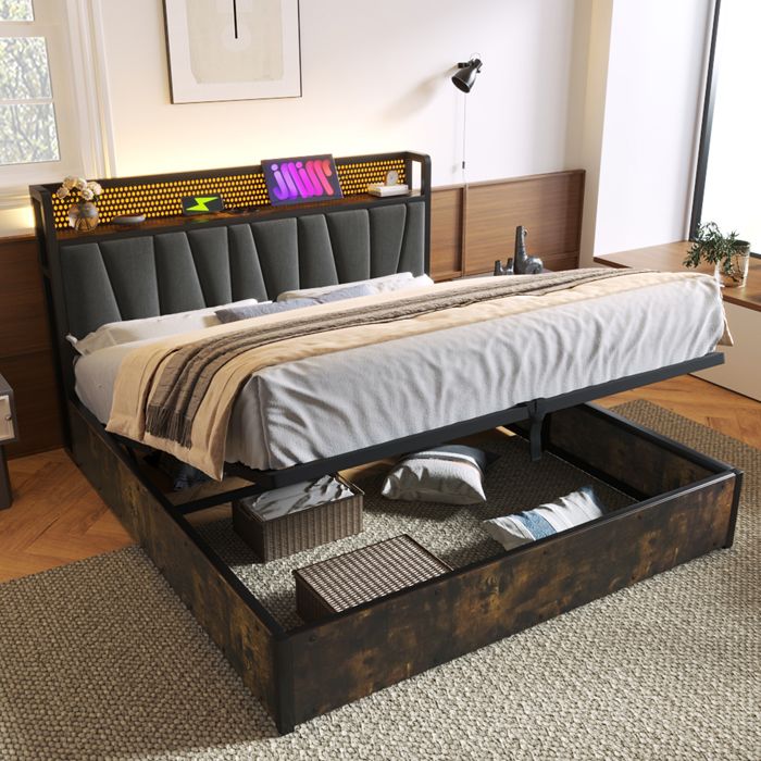 lit coffre double 140x200 cm, lit adulte avec coffre de rangement et led intégrée, industriel, sommier à lattes inlcus, lin gris