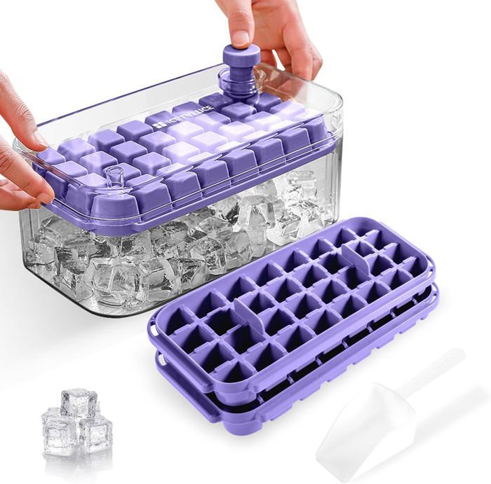 Bac à Glaçons Avec Couvercle - 64 Cases Carrées - Facile à Démouler - Sans BPA - Matière Alimentaire - Violet