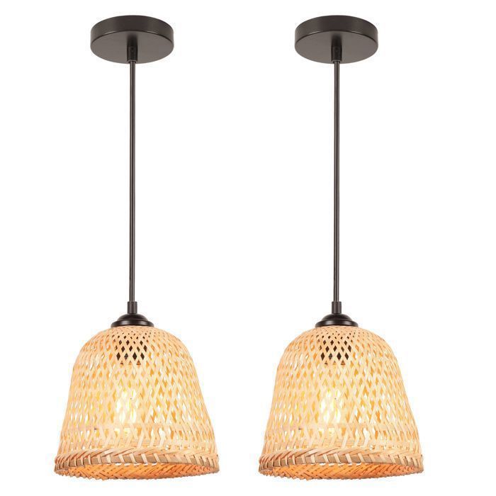 TOKIUS 2 Suspension Luminaire en Bambou Naturel Lustre en rotin fait à la main Lampe tissée E27 pour Salon Chambre Restaurant Bar