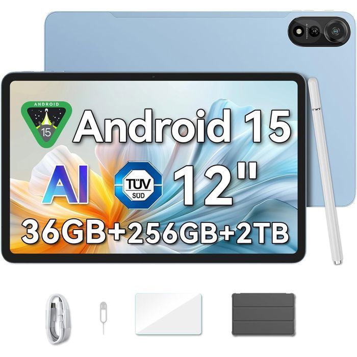 Blackview Mega2 WiFi Tablette 12 Pouces Android 1590Hz 2K Tablette Gaming36Go RAM + 256Go ROM/2TB TF9000mAhWiFi 6 16MP+8MP Bleu