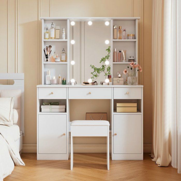 Grande coiffeuse - LANGTU - Style moderne - Éclairage LED 10 ampoules - Miroir 45x60 cm - 3 tiroirs 2 portes
