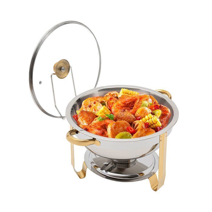 Plat de Chafing Ronde (Or) - Chauffe de Buffet 5L - Serveur de Buffet en Acier Inoxydable - CHAUFFE-PLAT avec Couvercle