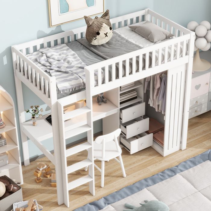 Lit Mezzanine MERAX 90x200 cm avec Bureau Armoire 3 Tiroirs Espace de Rangement Garde-Corps et Échelle Blanc (sans matelas) Lit Mezzanine MERAX 90x200 cm avec Bureau Armoire 3 Tiroirs Espace de Rangement Garde-Corps et Échelle Blanc (sans matelas)