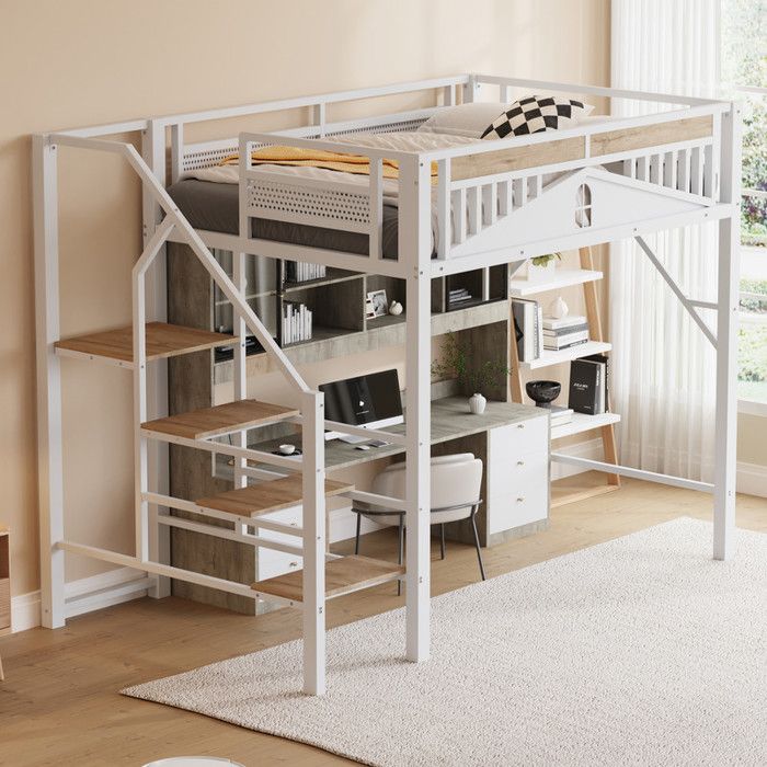 Lit Mezzanine Enfant 140x200 cm avec BarrièRes et éChelle de SéCurité Lit Enfant Double 2 en 1 Lit Superposé avec MéTal Blanc