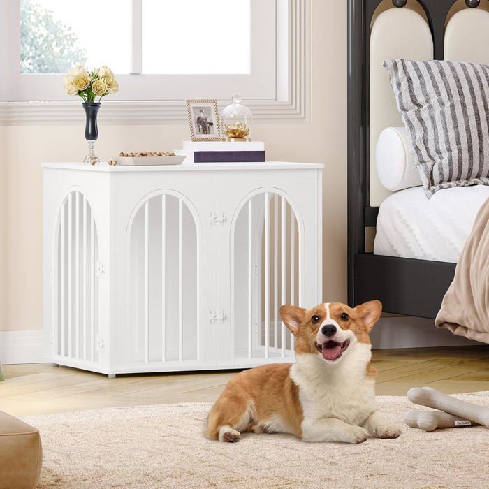 68cm Cage pour Chiens Niche Moderne pour Chiens Intérieur Cage pour Chiots 3 Portes Porte arquée 68 x 48 x 56 cm Blanc