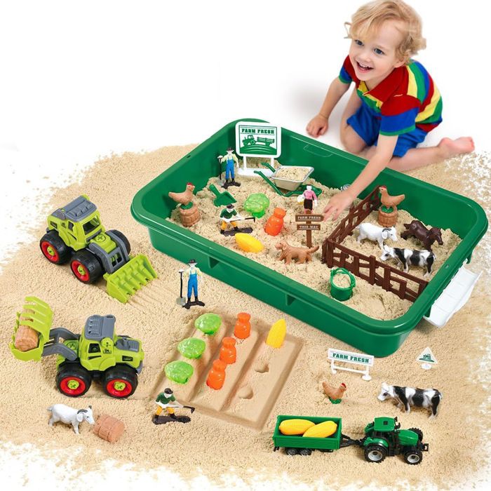 JONRRYIN Sable Magique Ferme Jouets Sensoriels - 1kg Sable Cinétique Avec Camions, Animaux Et Moules Dinosaures