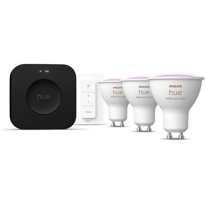 Kit de démarrage - PHILIPS HUE - Lumière blanche et ambiance colorée - 1 Bridge Pro + 3  3 spots GU10 400 lumens + 1 dimmer switch