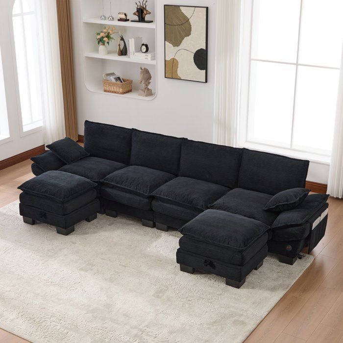 Canapé Velours Côtelé 4 Places Droit avec USB-C et 2 Poufs - 2 Rangement - Poches Latérales - Assise Ergonomique Noir