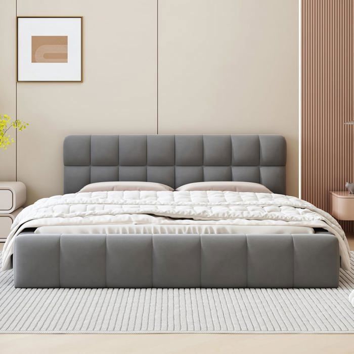 Lit Double Rembourré 140x200 - Tête De Lit Capitonnée, Sommier à Lattes, Style Bubble Moderne Beige - 4