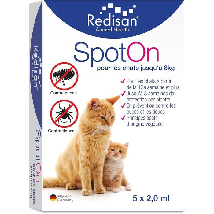 Spot On pour Chat – Antipuces et Antitiques Naturel – Protection jusqu’à 15 Semaines – 5 Pipettes