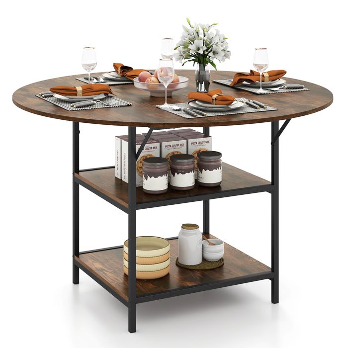 GIANTEX Table à Manger Ronde 120 CM pour 4-6 Personnes Table de Cuisine Moderne- 2 Étagère Ouvertes- Cadre en Métal- Marron