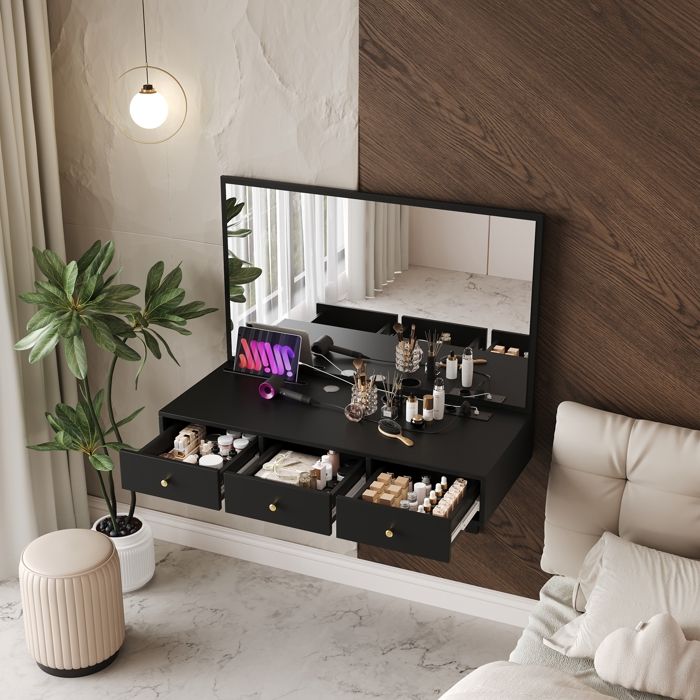 Coiffeuse Suspendue avec Miroir, 3 Tiroirs et Prises, Fente Pour Carte ...