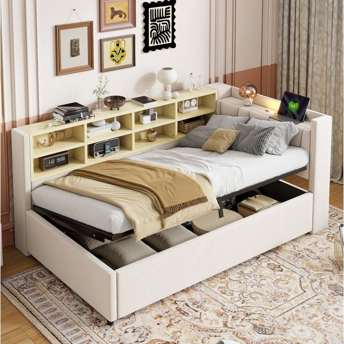 Lit banquette enfant 90x200 cm avec rangement hydraulique veilleuse ports USB/Type-C étagères velours beige