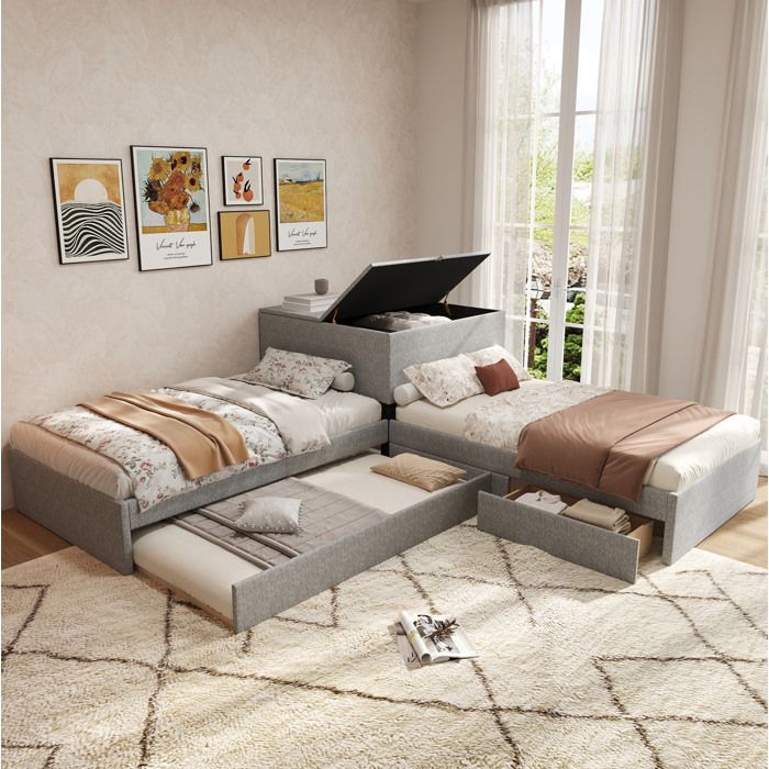 Lit enfant d’angle 90x200 cm avec lit gigogne 2 tiroirs et placard pour chambre lin gris