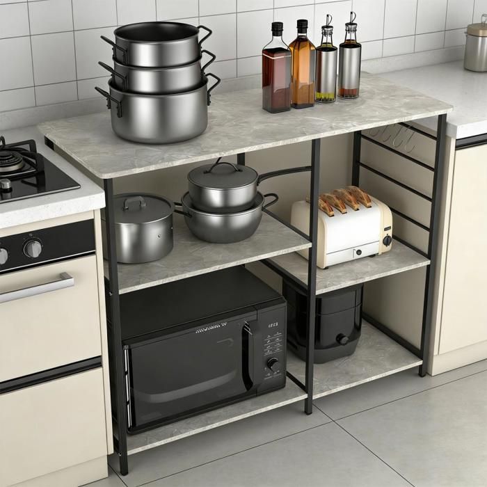 SUPFINE Desserte de Cuisine Support Micro-Ondes Étagère Cuisine avec 4 Étagères de Rangement avec 8 Crochets 90 × 39 × 82 cm