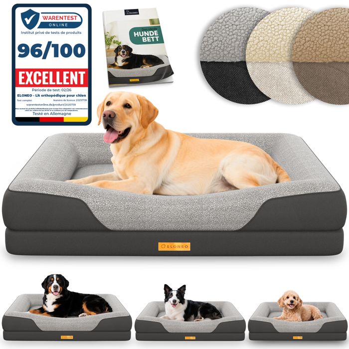 ELONEO lit orthopédique pour chien gris taille L couchage confortable avec mousse mémoire coussin lavable
