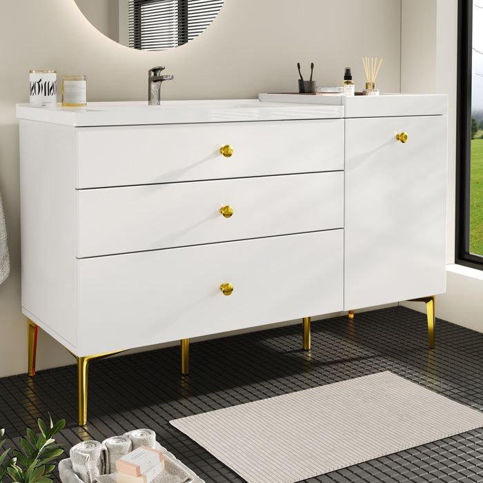 Armoire de salle de bain moderne - Blanc - 120x47.5x80 cm - MDF - Lavabo en céramique - Tiroirs et placard