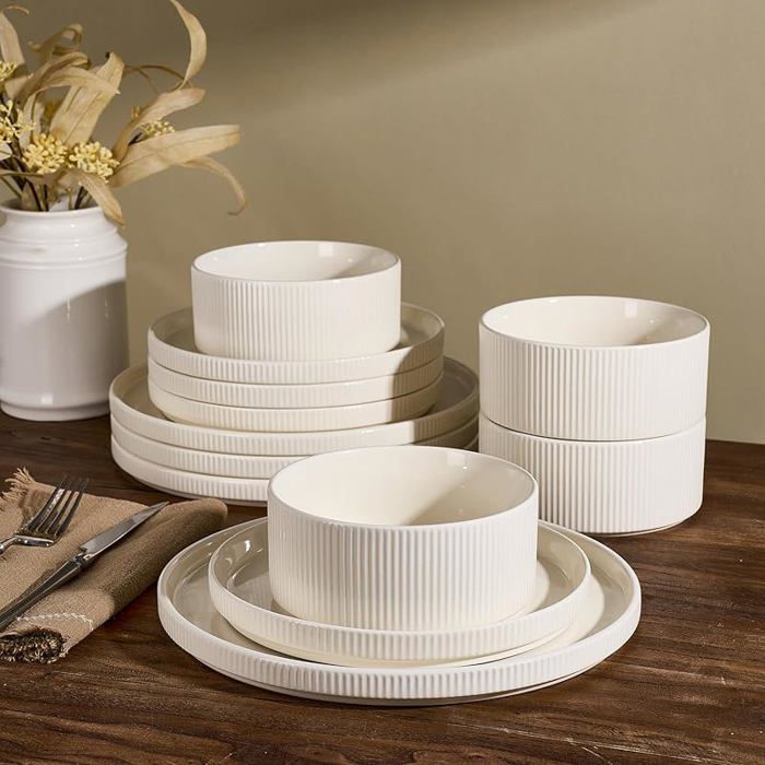 Set de vaisselle service en porcelaine 12 pièces pour 4 personnes avec assiettes et bols Crème Service pour 4 SALADIER