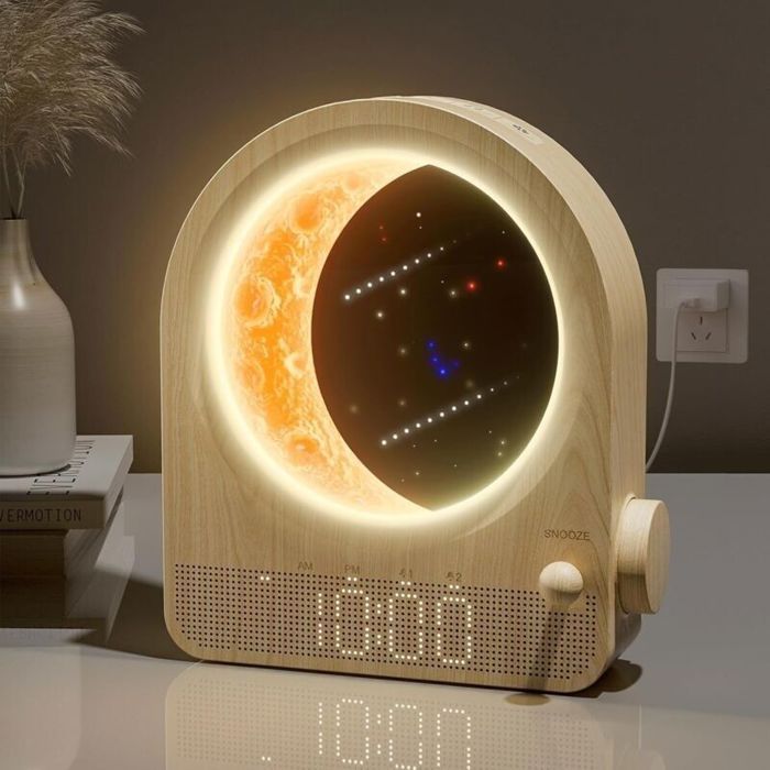 Lampe de Lune Lumineuse avec Réveil et 3 Niveaux de Luminosité Ambiance Naturelle avec 10 Sons [Classe énergétique F]