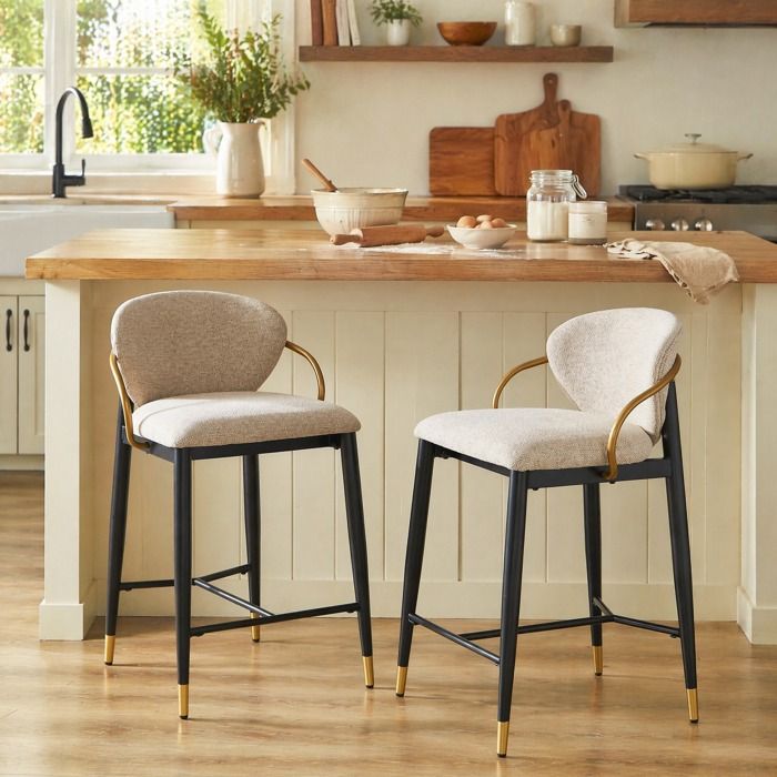 Lot de 2 tabourets de bar en chenille avec dossier accoudoirs et repose-pieds réglables noir et or marron clair - UVRION