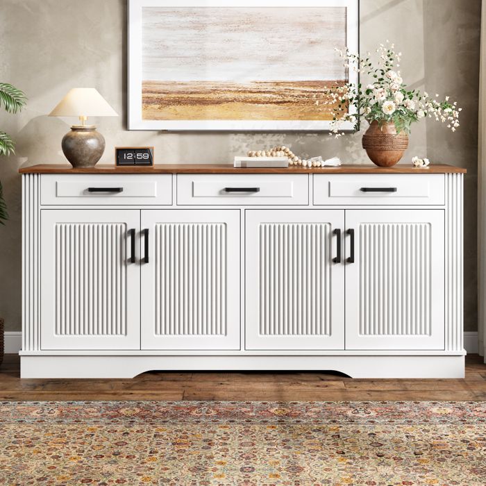 Buffet bas 160x40x75 cm-4 portes rainurées 3D-3 tiroirs-2 compartiments avec étagères fixes-poignées noires-MDF
