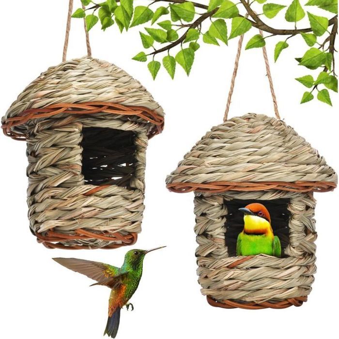 Nichoir à oiseaux fait main - Tressé en foin naturel Résistant à lhumidité - Jardin et extérieur - Naturel 12x15x8cm