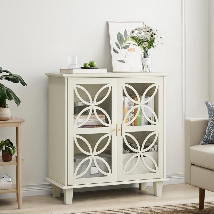 JOINERY buffet bahut rangement 2 portes verre trempé étagère réglable 80 x 381 x 87 cm crème MDF pieds bois massif