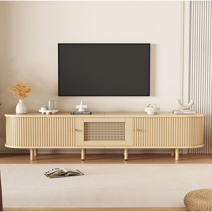 HOMVRA Meuble TV 180x40x40 cm avec 2 portes coulissantes 1 tiroir aspect rotin MDF bois clair