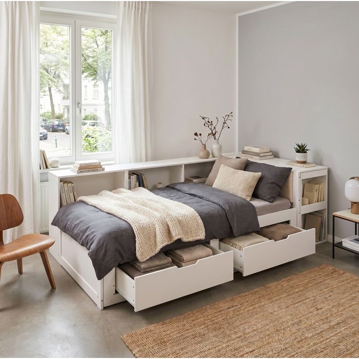 Lit combiné simple 90×200 cm et 180×200 cm avec bureau prise UE et 2 tiroirs sans matelas blanc mat - UVRION