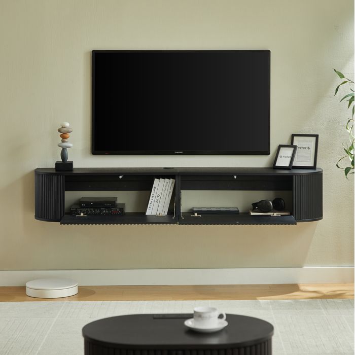 WOVREO Meuble TV mural 180 cm noir grand rangement passage de câbles 2 portes panneaux de particules et MDF