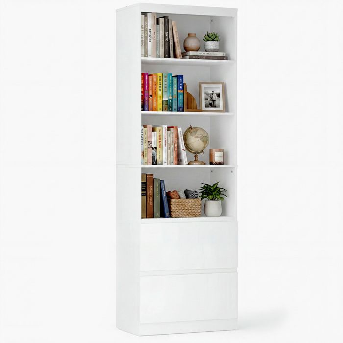 Bibliothèque - Bealife - 2 Tiroirs - 4 Étagères Ouvertes - Meuble de Rangement Hauteur 180 cm - Anti-Basculement - Salon - Blanc