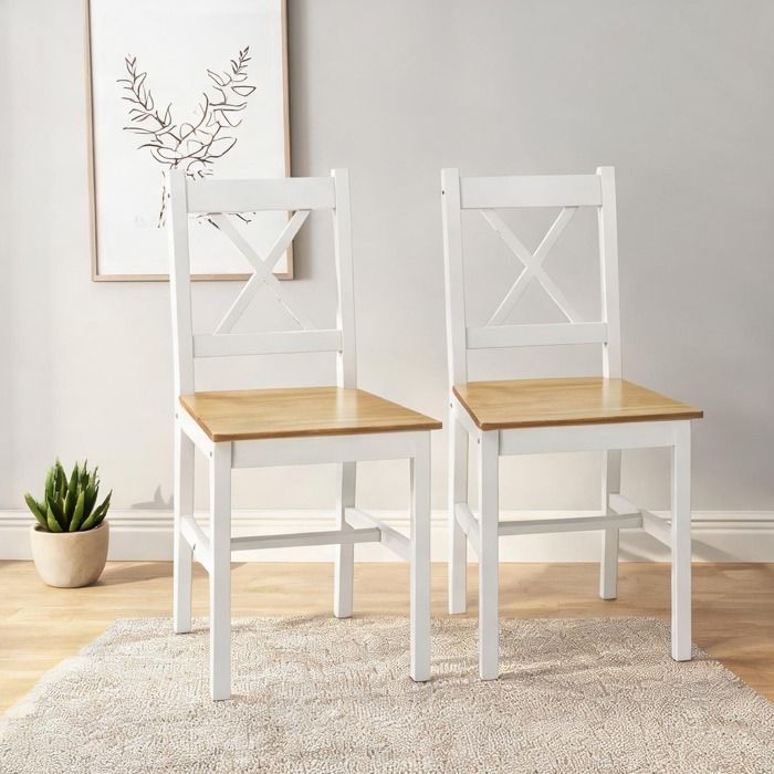 Chaise de cuisine en pin massif lot de 2 assise chêne et structure blanche dossier haut croisé 41 x 46 5 x 86 cm