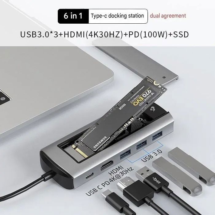 Station dAccueil USB-C 6 en 1 avec Boîtier SSD M.2 NVMe SATA - Hub Multifonction Adaptateur Type C HDMI USB 3.0 Lecteur Carte Station dAccueil USB-C 6 en 1 avec Boîtier SSD M.2 NVMe SATA - Hub Multifonction Adaptateur Type C HDMI USB 3.0 Lecteur Carte