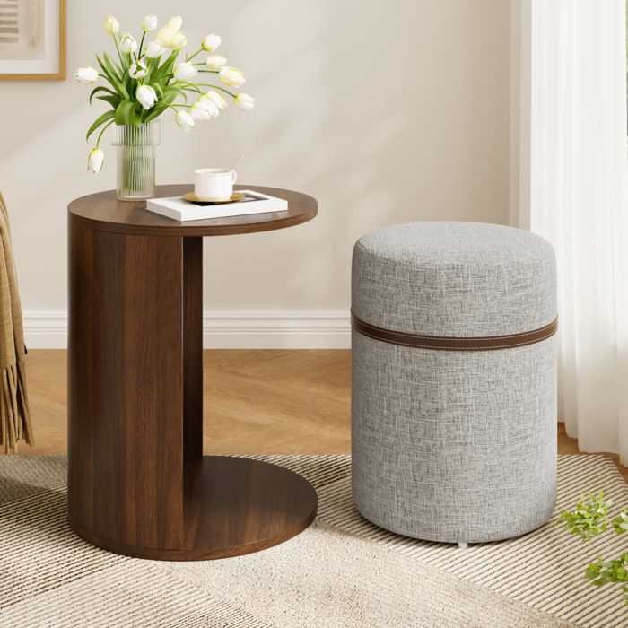 Table Basse Ronde En MDF Noyer Table DAppoint Moderne FloraGrace Pour Salon Avec Pouf Intégré 38x38x47 5cm