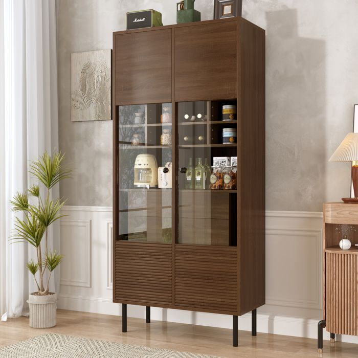 Armoire de salle de bain vitrée avec 4 Tiroirs cachés et Étagères en MDF Noyer pour Salon Bureau 755×35×1645 cm