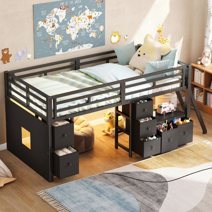 Luscriate - Lit Mi-Hauteur Enfant 90x200 Lit Métal avec LED 7 Tiroirs Rangement Sécurité Espace Jeu Chambre Enfant- Noir