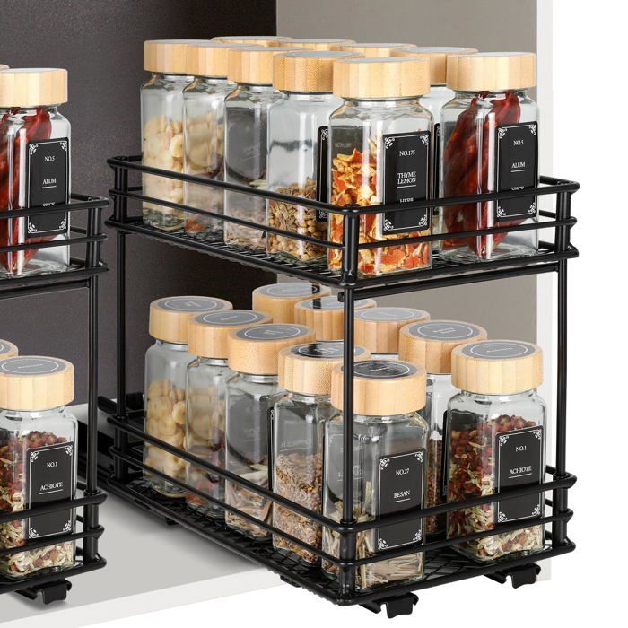 Étagère Coulissante à 2 ux pour Épices – Rangement Épices Cuisine avec Glissières Pte-Épices pour Noir 26*15*2 DESSERTE DE CUISINE