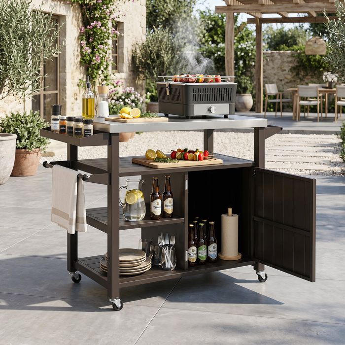 Desserte barbecue avec plan de travail inox armoire et 3 étagères chariot de cuisine mobile pour extérieur