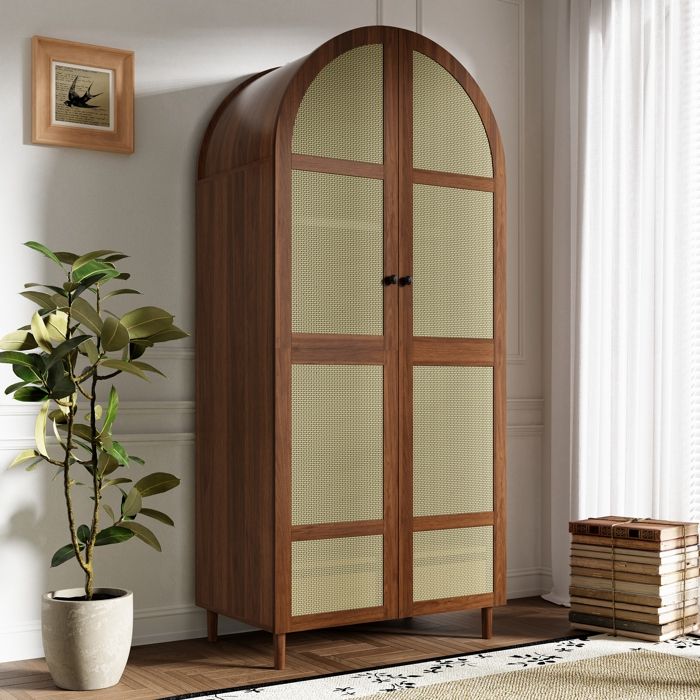 Armoire Chambre avec 2 Portes en Cannage - Effet Noyer - Penderie avec Étagères et Tiroirs - 80 x 50 x 179 cm - MERAX Armoire Chambre avec 2 Portes en Cannage - Effet Noyer - Penderie avec Étagères et Tiroirs - 80 x 50 x 179 cm - MERAX